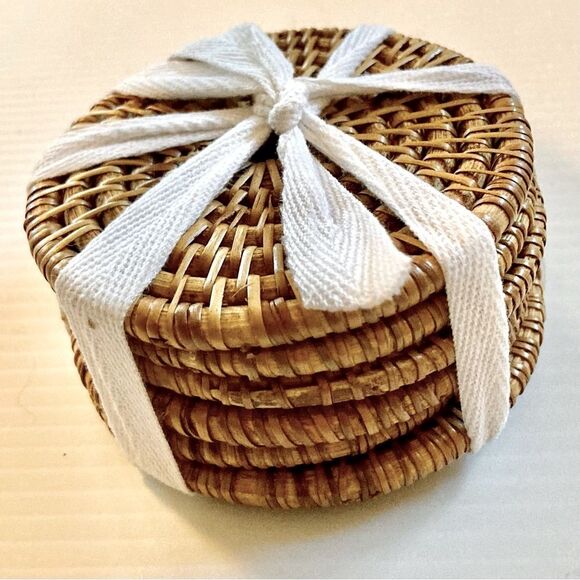 Woven Coasters Wicker Rattan Boho Bohemian 4" Across Set of 6 - Picture 4 of 10